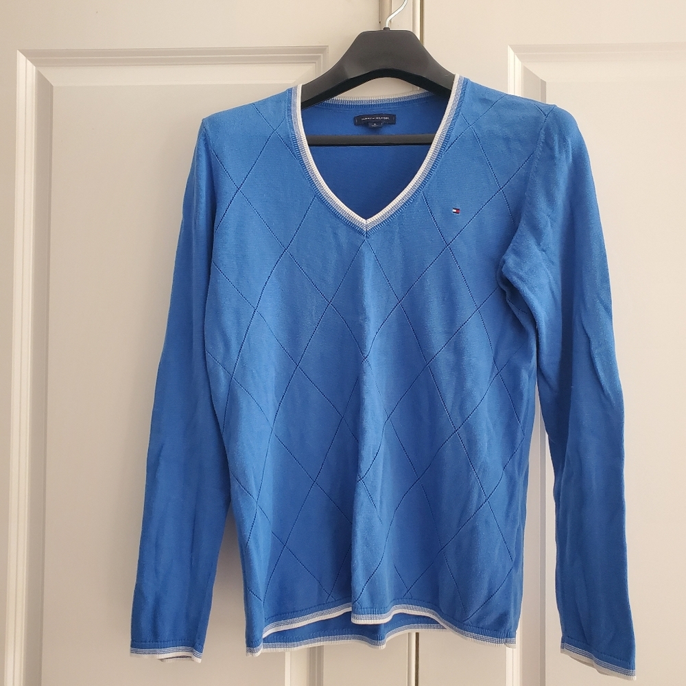 Tommy Hilfiger Classic Blue and White Knitwear Women's Medium Winter Cozy